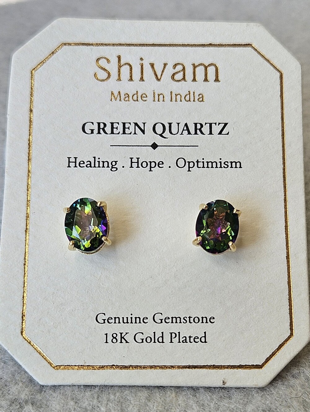 Shivam Green Quartz Oval Stud Earrings - 18K Gold Plated